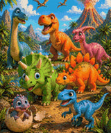 colourful cartoon dinosaurs gather with a baby hatching from an egg against a volcano backdrop. Size - 50cm x 60cm