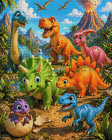 colourful cartoon dinosaurs gather with a baby hatching from an egg against a volcano backdrop. Size - 80cm x 100cm