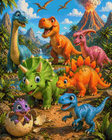 colourful cartoon dinosaurs gather with a baby hatching from an egg against a volcano backdrop. Size - 80cm x 100cm
