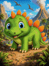 Cartoon baby dinosaur with orange spikes in a prehistoric setting with volcano and pterodactyls. Size - 30cm x 40cm