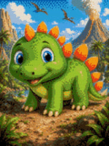 Cartoon baby dinosaur with orange spikes in a prehistoric setting with volcano and pterodactyls. Size - 30cm x 40cm