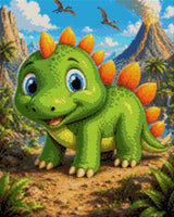 Cartoon baby dinosaur with orange spikes in a prehistoric setting with volcano and pterodactyls. Size - 40cm x 50cm