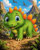 Cartoon baby dinosaur with orange spikes in a prehistoric setting with volcano and pterodactyls. Size - 40cm x 50cm