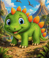 Cartoon baby dinosaur with orange spikes in a prehistoric setting with volcano and pterodactyls. Size - 50cm x 60cm
