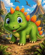 Cartoon baby dinosaur with orange spikes in a prehistoric setting with volcano and pterodactyls. Size - 50cm x 60cm