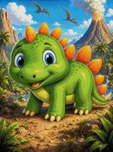 Cartoon baby dinosaur with orange spikes in a prehistoric setting with volcano and pterodactyls. Size - 60cm x 80cm
