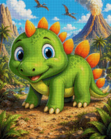 Cartoon baby dinosaur with orange spikes in a prehistoric setting with volcano and pterodactyls. Size - 80cm x 100cm