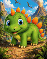 Cartoon baby dinosaur with orange spikes in a prehistoric setting with volcano and pterodactyls. Size - 80cm x 100cm