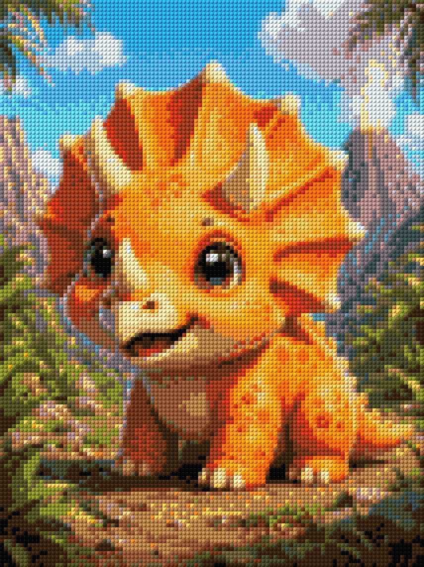 Cute baby triceratops in a vibrant prehistoric landscape with volcano. Size - 30cm x 40cm