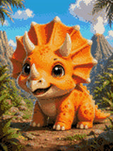 Cute baby triceratops in a vibrant prehistoric landscape with volcano. Size - 30cm x 40cm
