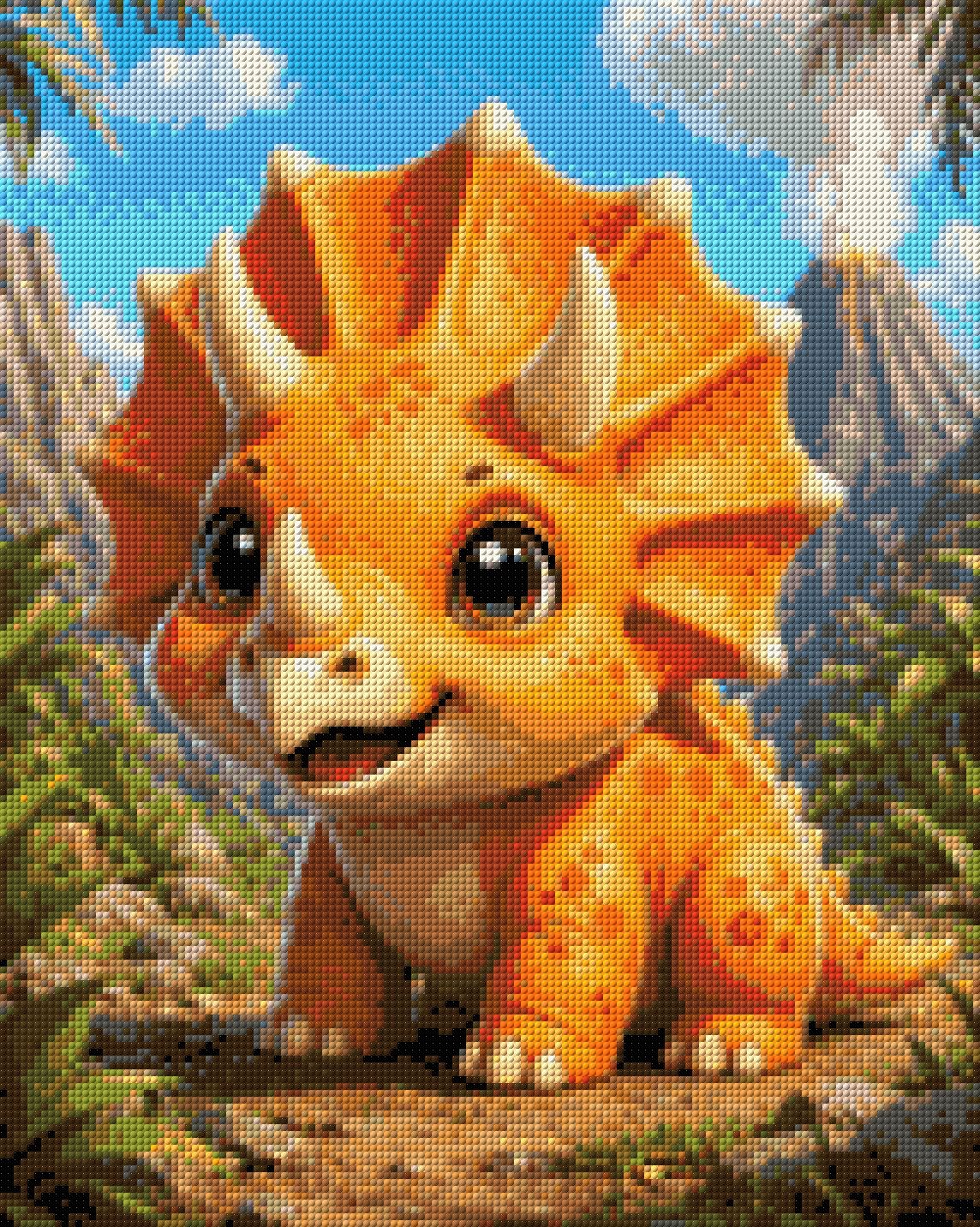 Cute baby triceratops in a vibrant prehistoric landscape with volcano. Size - 40cm x 50cm