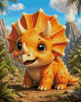 Cute baby triceratops in a vibrant prehistoric landscape with volcano. Size - 40cm x 50cm