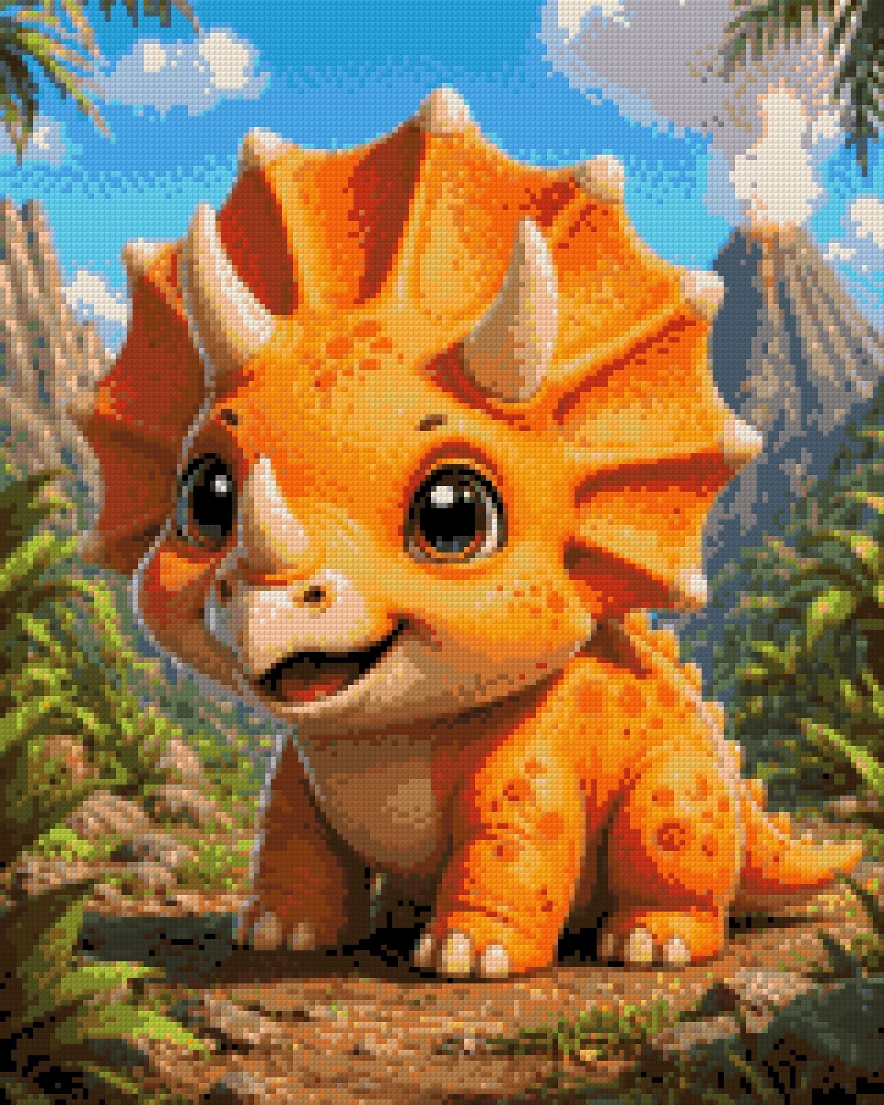 Cute baby triceratops in a vibrant prehistoric landscape with volcano. Size - 40cm x 50cm
