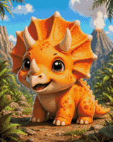 Cute baby triceratops in a vibrant prehistoric landscape with volcano. Size - 40cm x 50cm