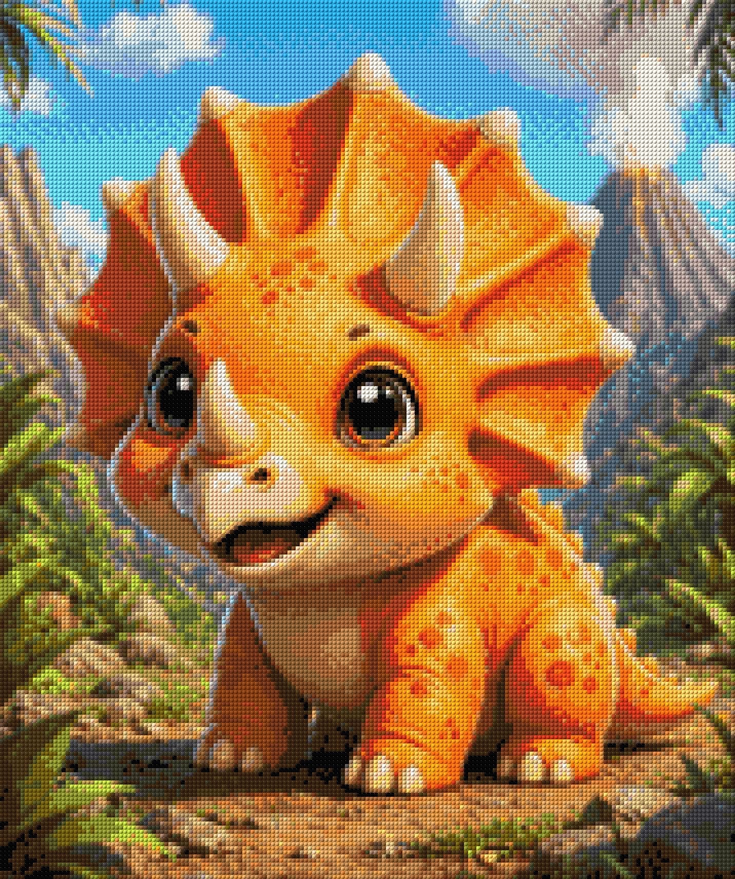 Cute baby triceratops in a vibrant prehistoric landscape with volcano. Size - 50cm x 60cm