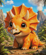 Cute baby triceratops in a vibrant prehistoric landscape with volcano. Size - 50cm x 60cm