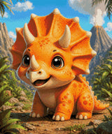 Cute baby triceratops in a vibrant prehistoric landscape with volcano. Size - 50cm x 60cm