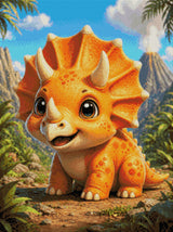 Cute baby triceratops in a vibrant prehistoric landscape with volcano. Size - 60cm x 80cm