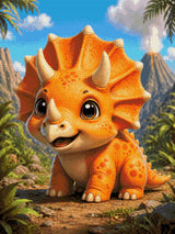 Cute baby triceratops in a vibrant prehistoric landscape with volcano. Size - 60cm x 80cm