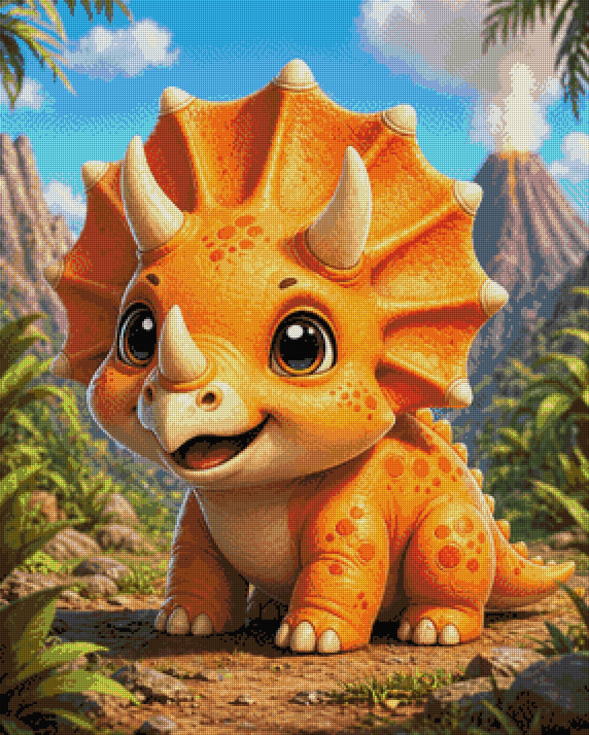 Cute baby triceratops in a vibrant prehistoric landscape with volcano. Size - 80cm x 100cm
