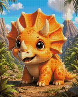 Cute baby triceratops in a vibrant prehistoric landscape with volcano. Size - 80cm x 100cm
