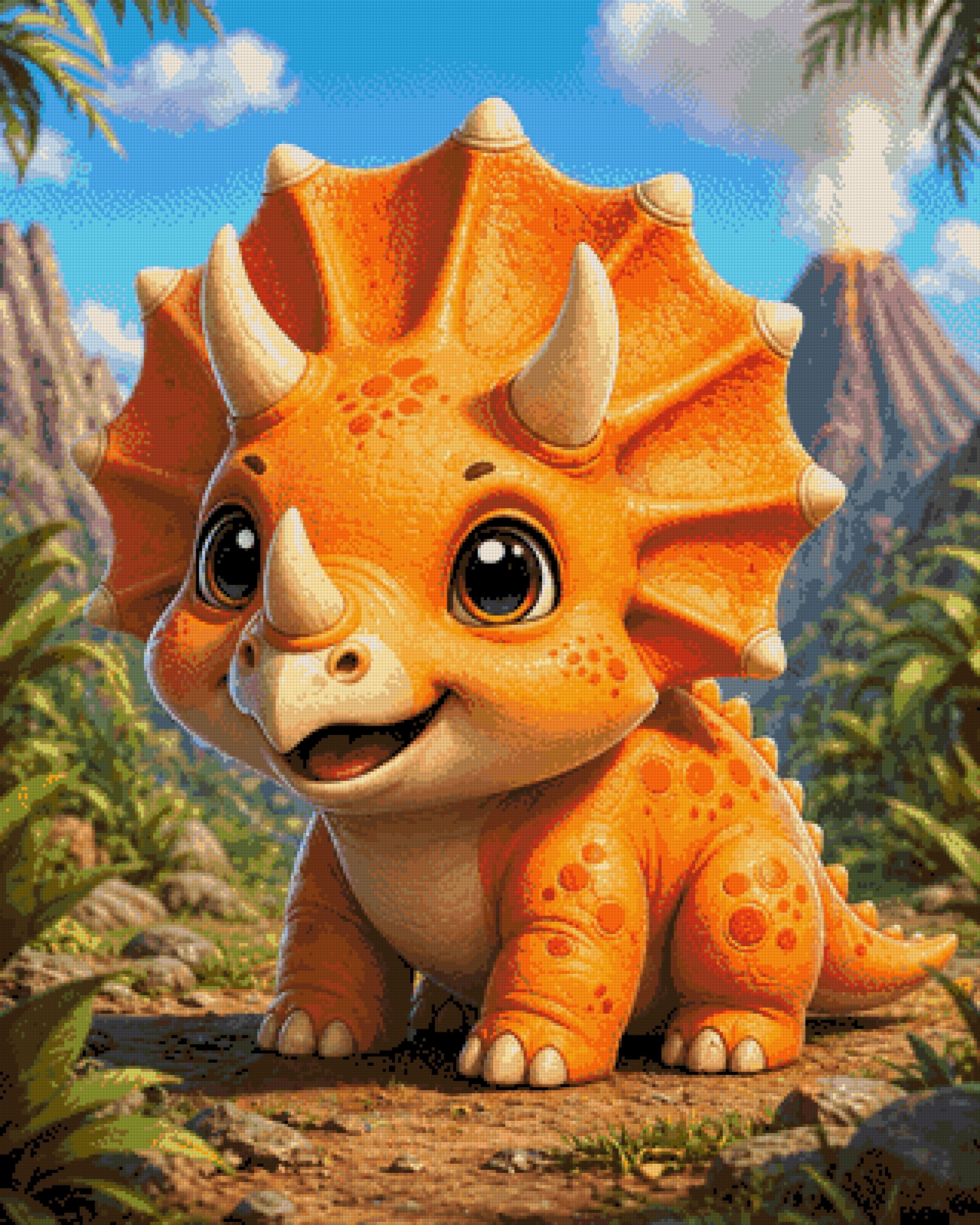 Cute baby triceratops in a vibrant prehistoric landscape with volcano. Size - 80cm x 100cm