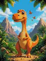 Orange dinosaur in a lush landscape with butterflies flying around. Size - 30cm x 40cm