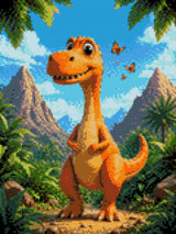 Orange dinosaur in a lush landscape with butterflies flying around. Size - 30cm x 40cm