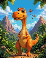 Orange dinosaur in a lush landscape with butterflies flying around. Size - 40cm x 50cm