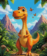 Orange dinosaur in a lush landscape with butterflies flying around. Size - 50cm x 60cm