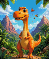 Orange dinosaur in a lush landscape with butterflies flying around. Size - 50cm x 60cm