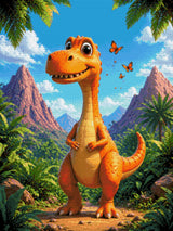 Orange dinosaur in a lush landscape with butterflies flying around. Size - 60cm x 80cm