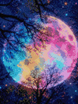 colourful moon in starry sky with silhouetted trees. Size - 30cm x 40cm