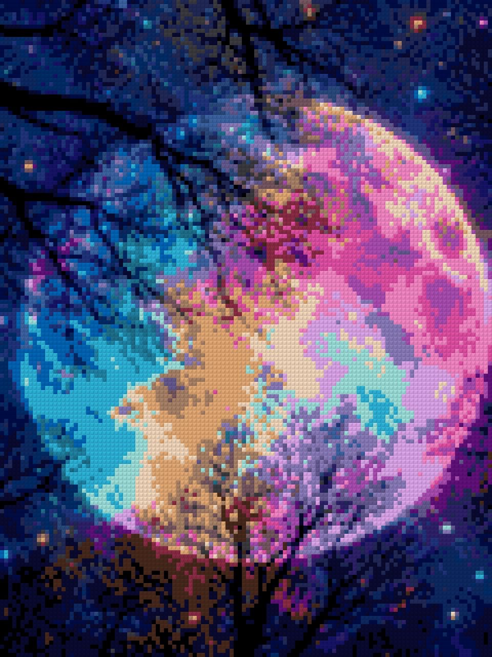 colourful moon in starry sky with silhouetted trees. Size - 30cm x 40cm