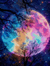 colourful moon in starry sky with silhouetted trees. Size - 30cm x 40cm