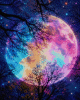 colourful moon in starry sky with silhouetted trees. Size - 40cm x 50cm