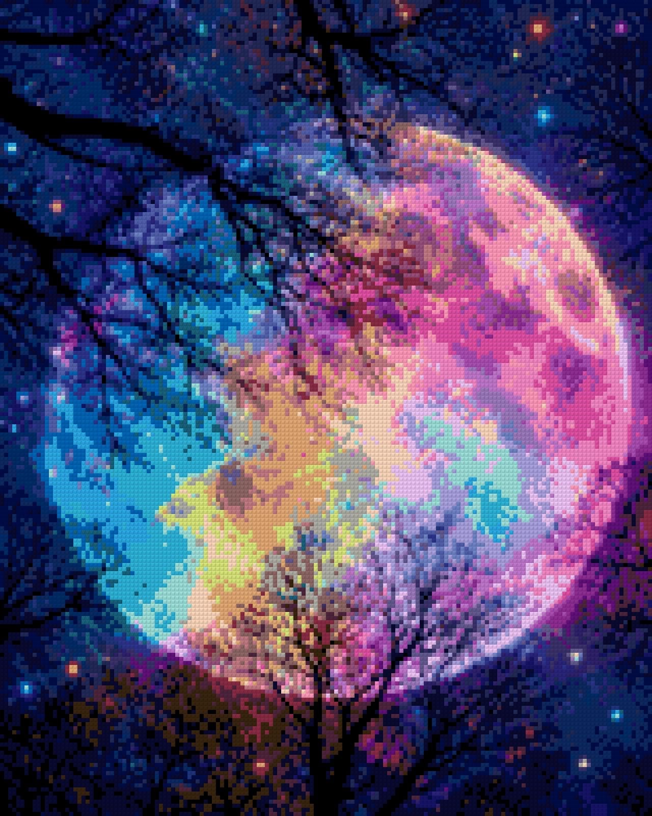 colourful moon in starry sky with silhouetted trees. Size - 40cm x 50cm