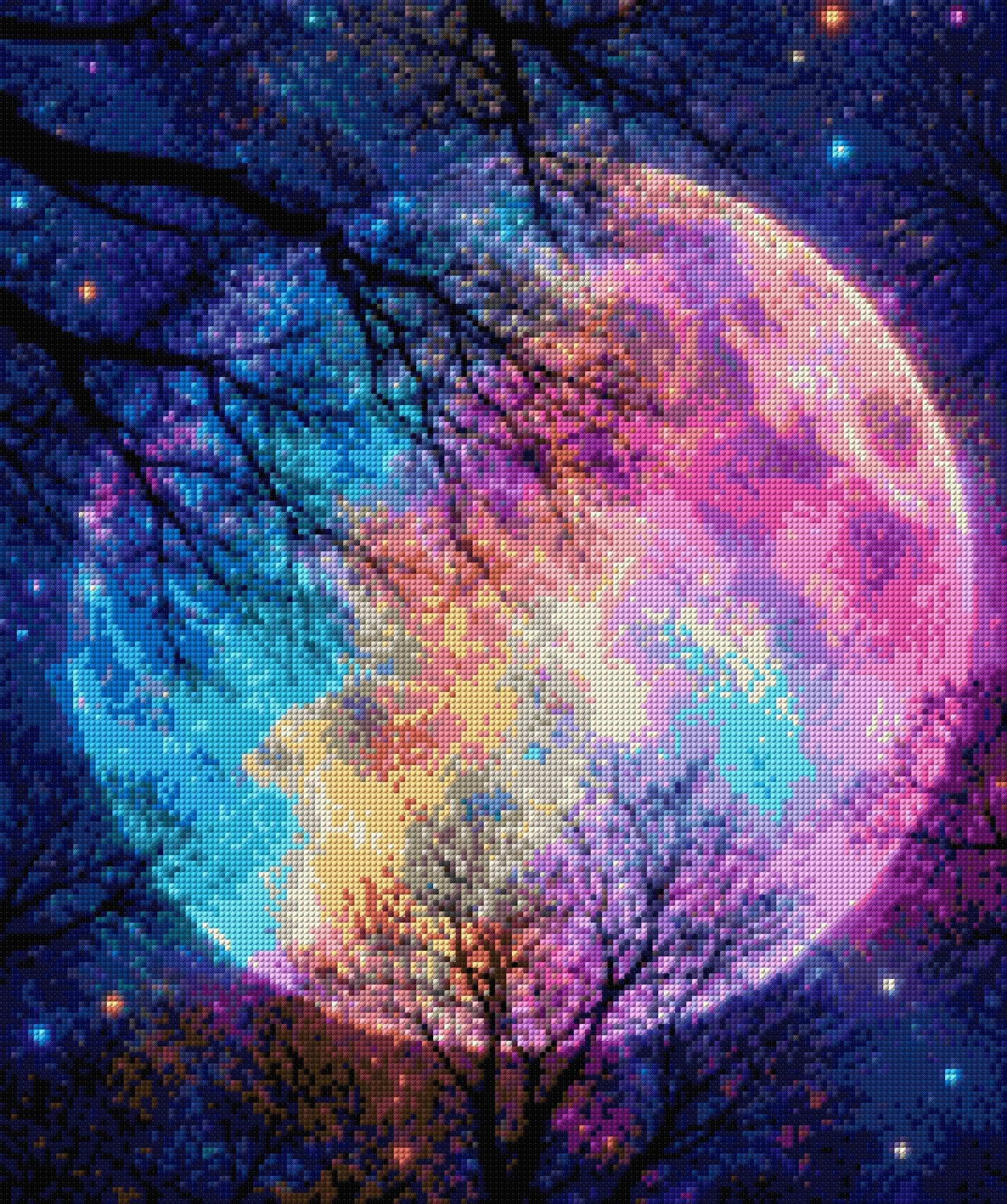 colourful moon in starry sky with silhouetted trees. Size - 50cm x 60cm