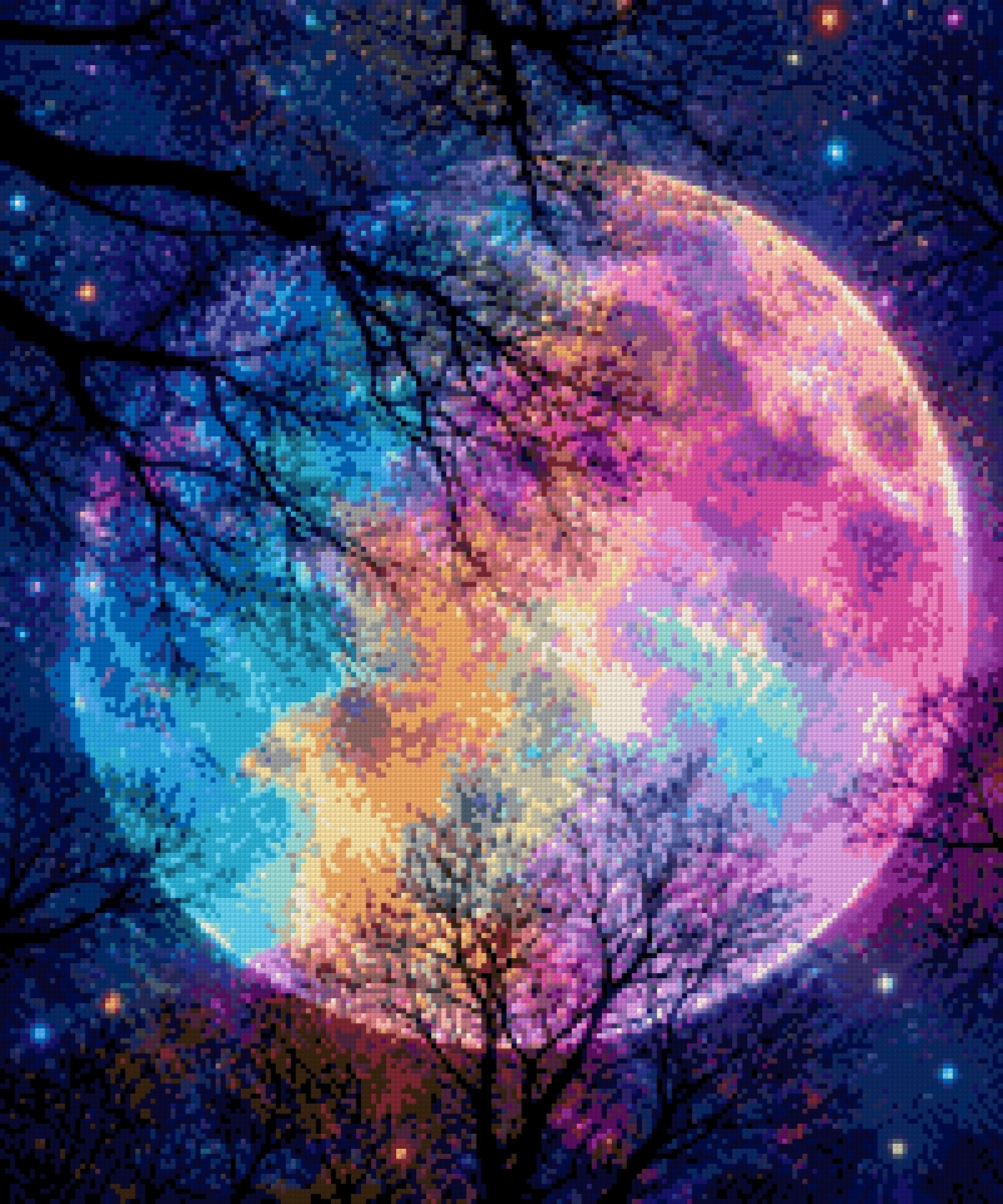 colourful moon in starry sky with silhouetted trees. Size - 50cm x 60cm