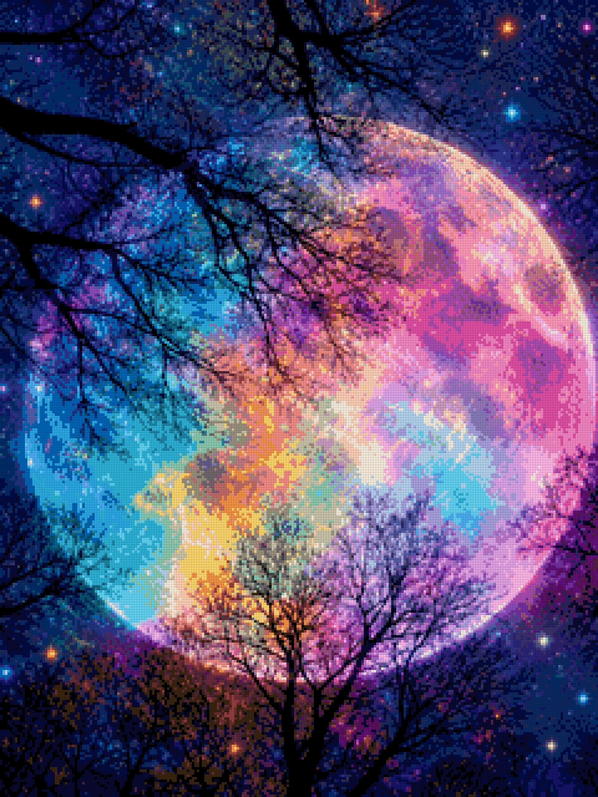 colourful moon in starry sky with silhouetted trees. Size - 60cm x 80cm