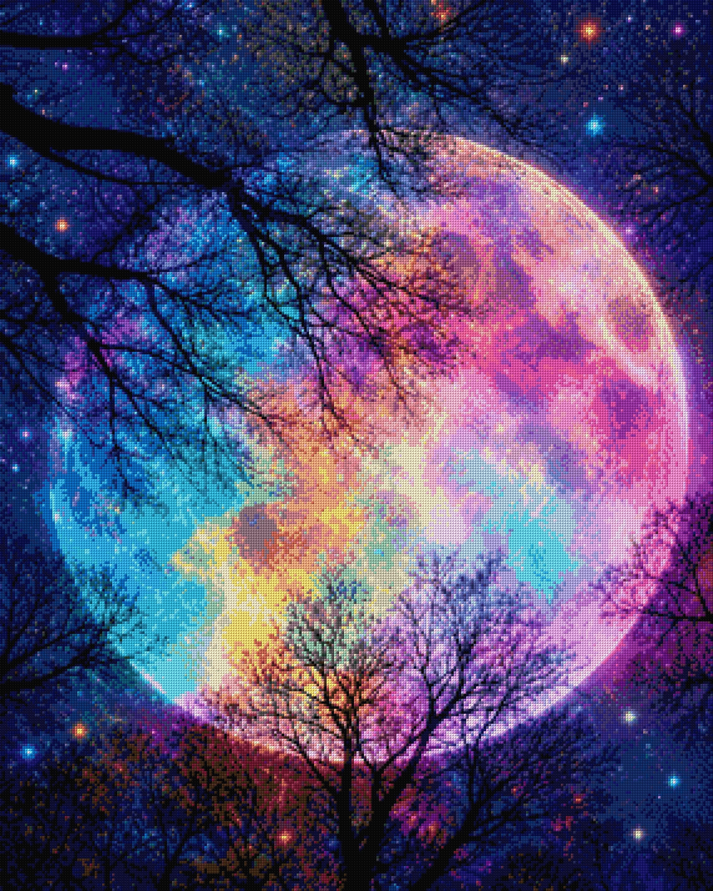 colourful moon in starry sky with silhouetted trees. Size - 80cm x 100cm