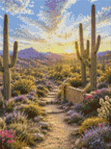 Desert landscape with saguaro cacti, wildflowers, and a sunset. Size - 30cm x 40cm