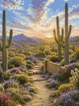 Desert landscape with saguaro cacti, wildflowers, and a sunset. Size - 30cm x 40cm