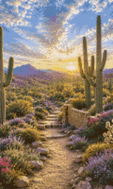 Desert landscape with saguaro cacti, wildflowers, and a sunset. Size - 30cm x 50cm