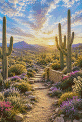 Desert landscape with saguaro cacti, wildflowers, and a sunset. Size - 40cm x 60cm