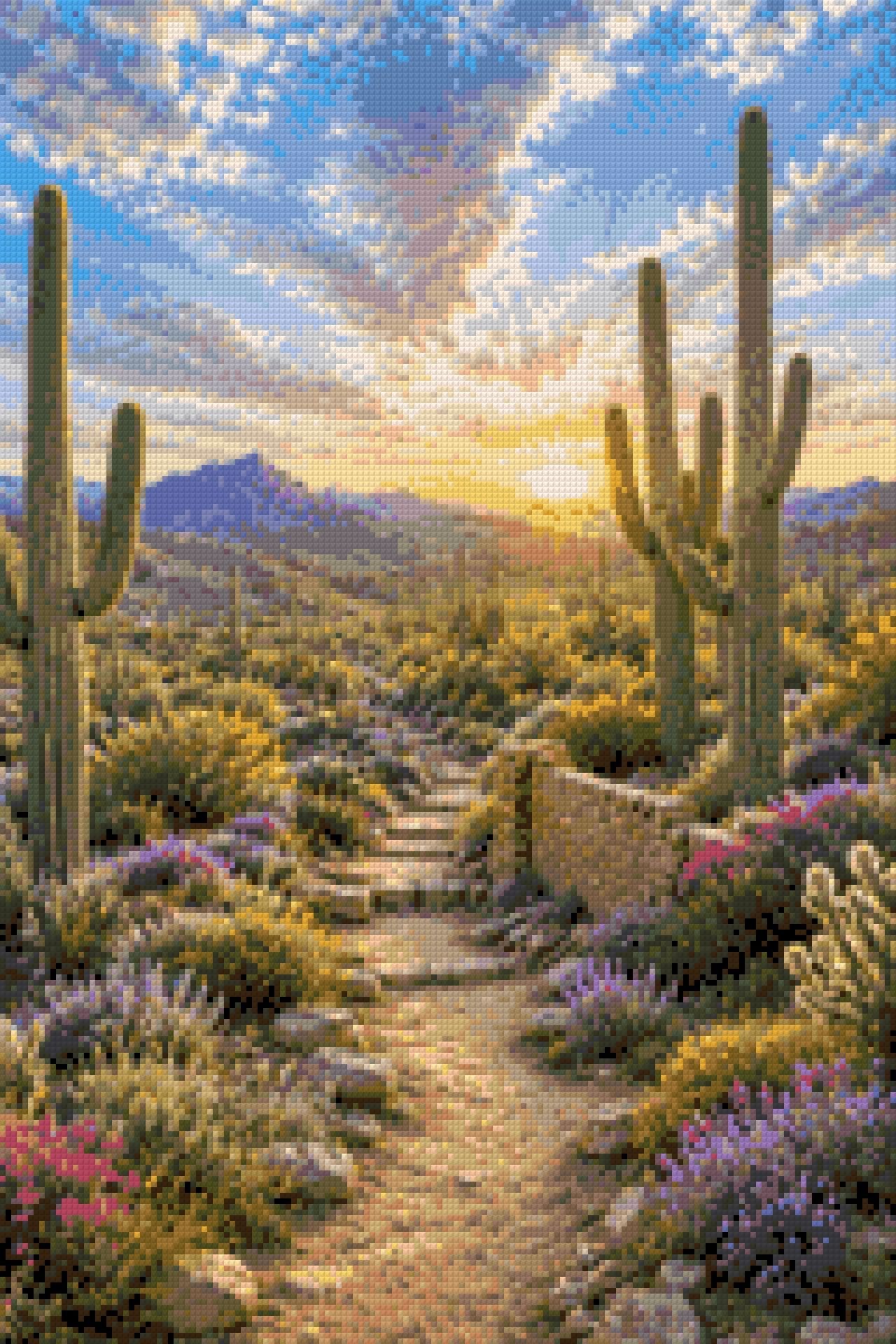 Desert landscape with saguaro cacti, wildflowers, and a sunset. Size - 40cm x 60cm