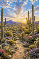 Desert landscape with saguaro cacti, wildflowers, and a sunset. Size - 40cm x 60cm