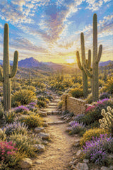 Desert landscape with saguaro cacti, wildflowers, and a sunset. Size - 60cm x 90cm