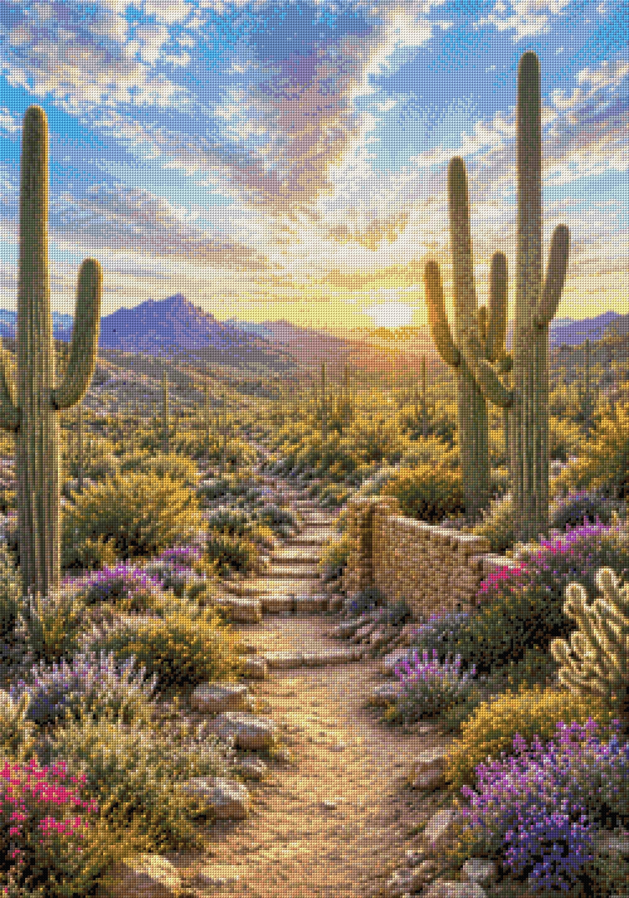 Desert landscape with saguaro cacti, wildflowers, and a sunset. Size - 70cm x 100cm