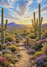 Desert landscape with saguaro cacti, wildflowers, and a sunset. Size - 70cm x 100cm